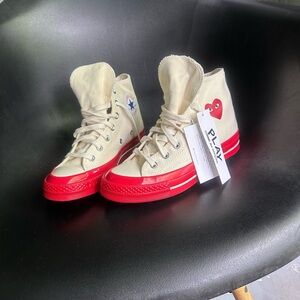 Comme des Garcons Cream and Red High-Top Sneakers